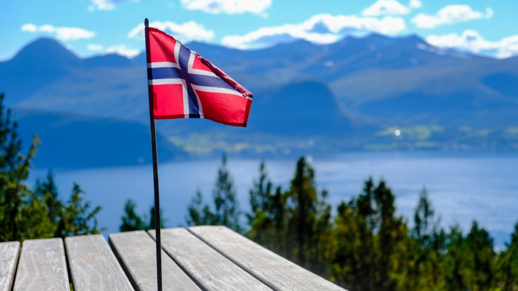Die norwegische Flagge vor einer hügeligen Landschaft