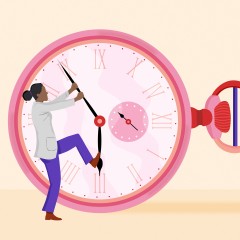 Frau versucht, die Zeiger einer Uhr aufzuhalten